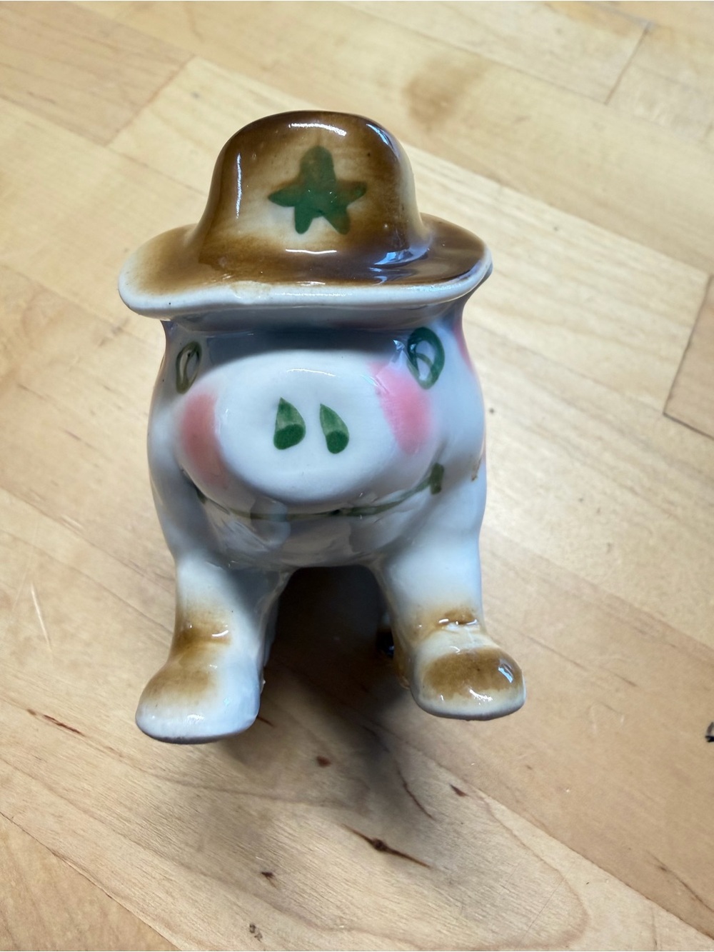 Ceramic Pig Figurine with Brown Hat and Pink Cheeks